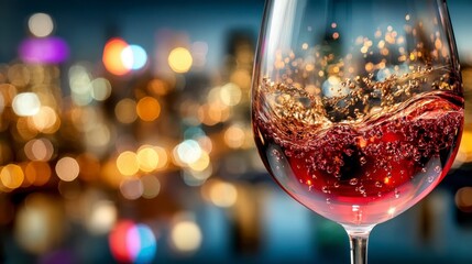 A Captivating Glass of Red Wine against a Bokeh Cityscape: Exploring the Vibrant Contrasts and Rich Colors of an Evening Setting