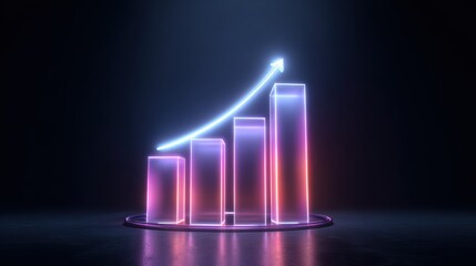 Holographic 3D Chart with Rising Bars and Glowing Arrow in a Dark Environment for Business Growth and Progress Visualization