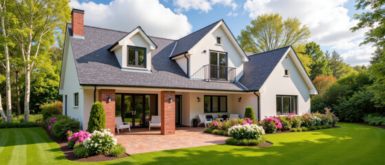 Beautiful modern house with well maintained garden, featuring spacious porch and vibrant flowers. architecture blends elegance and comfort