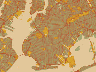 Stylized minimalist map of Brooklyn New, York in sage/olive tone field with rust networks and ochre shapes, cream water.
