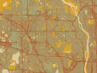 Modern flat map poster of Brooklyn Park, Minnesota in muted sage base, rust-colored roads, and soft ochre highlights.