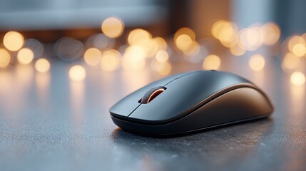 Close-Up of a Sleek Black Computer Mouse with Soft Bokeh Background Creating a Modern and Stylish Tech Aesthetic
