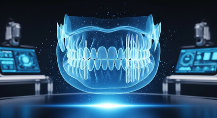 Holographic 3d rendering human jawbone and teeth, displayed on futuristic screens in hightech dental laboratory setting