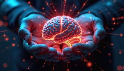 Human hands hold glowing brain. Concept relates to mental wellness innovation neuroscience. Cognitive functions, psychology research, neurology study. Awareness, empathy, understanding of mind,