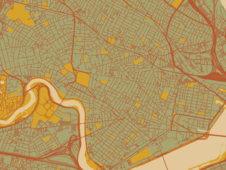 Vector-style flat map of Cambridge, Massachusetts with muted sage base, rust-colored roads, and soft ochre highlights.