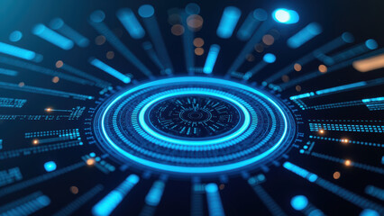 Futuristic digital design featuring glowing blue circles and lines radiating outward, creating sense of depth and technology