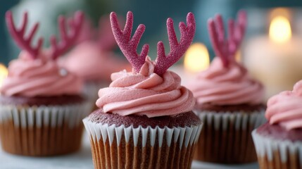 Delightful Holiday Cupcakes Topped with Frosting and Festive Antler Decorations for a Sweet Seasonal Treat