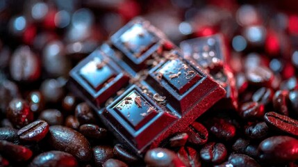 A Close-Up View of Rich Dark Chocolate Bar on a Bed of Coffee Beans, Highlighting Their Deep Flavors and Luxurious Textures