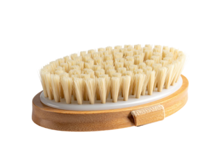 Oval-shaped body brush with natural bristles.  Wooden handle