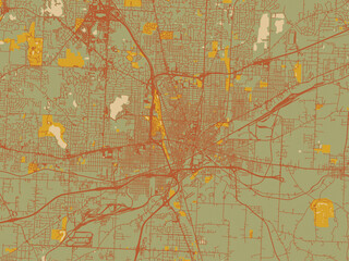 Flat painterly map of Canton, Ohio in sage green ground with rust-red roads and ochre accents.