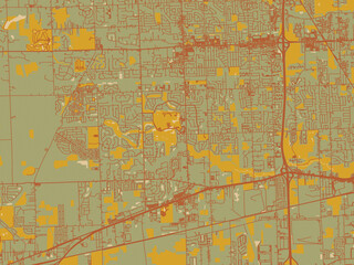 Decorative flat city map of Canton, Michigan using earthy sage background with rust roadways and ochre details.