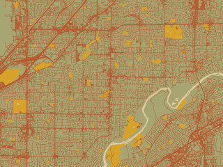 Vector-style flat map of Carmichael, California with earthy sage background with rust roadways and ochre details.