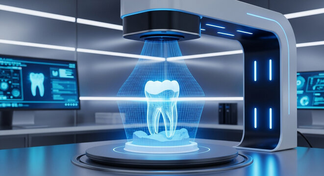 Futuristic dental scanner projecting holographic 3d model tooth, showcasing advanced technology for diagnosis, analysis, and digital dentistry in modern clinic