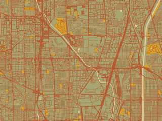 Obraz premium Contemporary flat map of Carson, California rendered with olive backdrop with warm rust street network and ochre blocks.