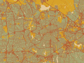 Abstract flat-design map of Cary North, Carolina, featuring olive backdrop with warm rust street network and ochre blocks.