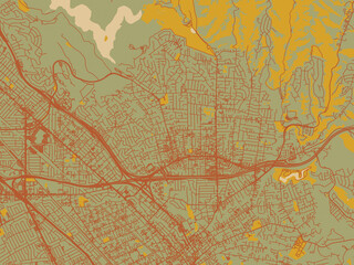 Fototapeta premium Minimalist flat city map of Castro Valley, California with olive backdrop with warm rust street network and ochre blocks.