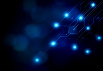 Fototapeta premium Blue Circuit Board Background with Bright Light Effects