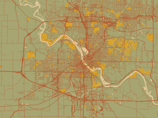 Decorative flat city map of Cedar Rapids, Iowa using sage/olive tone field with rust networks and ochre shapes, cream water.