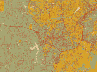 Decorative flat city map of Chapel Hill, North Carolina using olive backdrop with warm rust street network and ochre blocks.