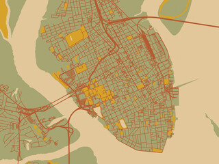 Obraz premium Stylized minimalist map of Charleston South, Carolina in muted sage base, rust-colored roads, and soft ochre highlights.