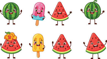 Cute cartoon watermelon characters, happy popsicle illustration, kawaii fruit mascot design, smiling food clipart, playful summer dessert art, kids friendly graphics