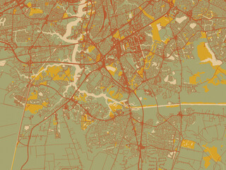 Minimalist flat city map of Chesapeake, Virginia with olive backdrop with warm rust street network and ochre blocks.