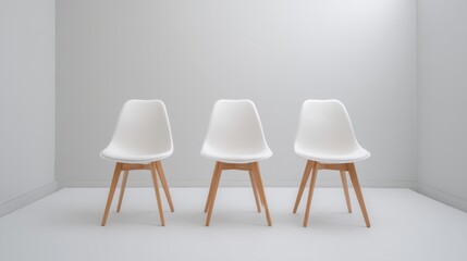 Modern minimalist interior featuring three elegant white chairs with wooden legs arranged symmetrically against a clean, bright wall and floor