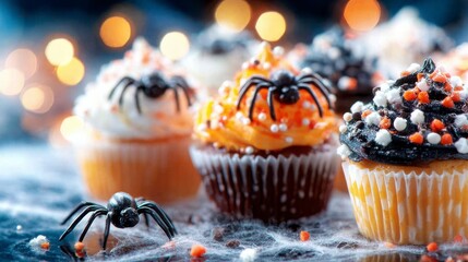 Spooktacular Halloween Cupcakes Decorated with Creepy Crawly Spiders and Festive Toppings, Perfect for a Ghoulish Celebration and Seasonal Treats