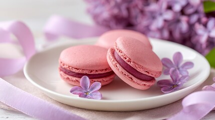 Delicate Pink Macarons Surrounded by Lilac Blooms and Soft Ribbons, Perfect for a Sweet Treat or Elegant Dessert Presentation