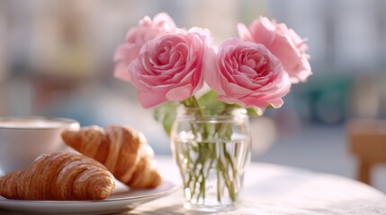 A Delightful Morning Scene Featuring Fresh Pink Roses, Croissants, and a Cup of Coffee Captured in Soft Natural Light for a Touch of Elegance