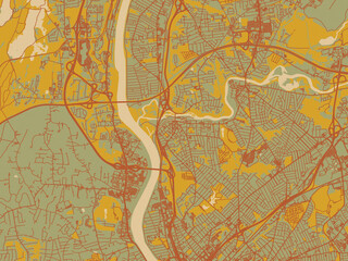 Vector-style flat map of Chicopee, Massachusetts with earthy sage background with rust roadways and ochre details.
