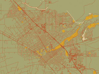 Poster-ready flat map of Chico, California, olive backdrop with warm rust street network and ochre blocks.