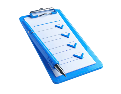 A blue clipboard with a pen and checklist