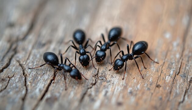 Four black ants move on weathered wood texture. Insects have antennae and visible legs. Tiny creatures explore surface in natural outdoor environment. Detail on insect bodies, segments, and movement.