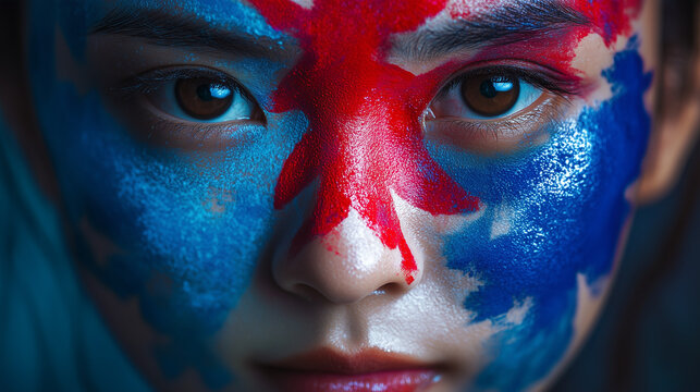 
Close-up of painted face with Taiwan flag colors, Taiwan National Day (Double Tenth Day).

