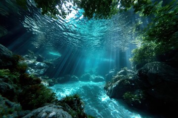 Obraz premium Sunlight filters through water in a tranquil underwater scene surrounded by lush vegetation