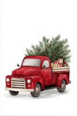 A Christmas-themed watercolor illustration depicting a red truck with a Christmas tree and gifts in the back, set against a white background. 