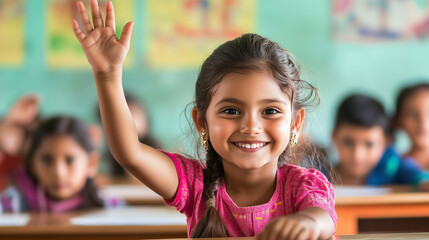 Fototapeta premium Happy girl raising her hand in class.