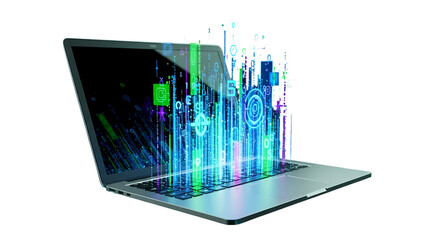 3d icon of laptop with digital data stream isolated on transparent background, representing technology and data processing
