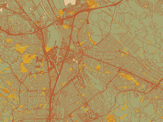 Contemporary flat map of Concord, California rendered with muted sage base, rust-colored roads, and soft ochre highlights.