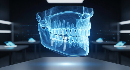 Holographic 3d model human teeth and jaw, displayed in futuristic dark room with glowing screens, representing advanced dental technology and medical innovation