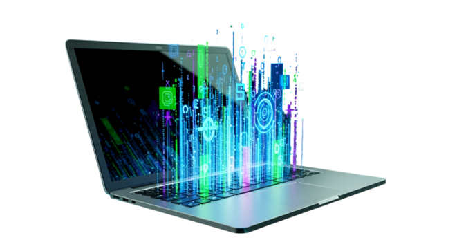 3d icon of laptop with digital data stream isolated on transparent background, representing technology and data processing