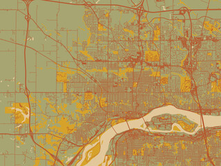 Abstract flat-design map of Davenport Center, Iowa, featuring sage/olive tone field with rust networks and ochre shapes, cream water.