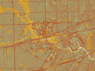 Flat painterly map of Dearborn, Michigan in earthy sage background with rust roadways and ochre details.