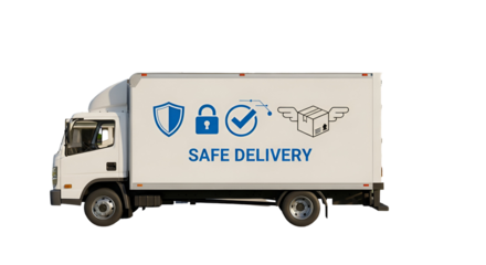 3d icon of safe delivery truck isolated on transparent background, secure shipping with shield, lock, checkmark and box symbol