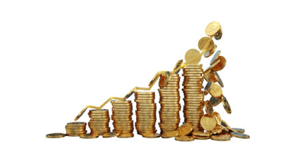 3d icon of gold coins stacked in increasing order isolated on transparent background, representing financial growth and investment