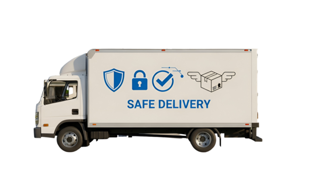 3d icon of safe delivery truck isolated on transparent background, secure shipping with shield, lock, checkmark and box symbol