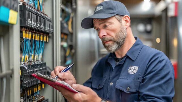 Electrical Inspector: A focused electrical inspector meticulously examines electrical panels, diligently documenting observations to ensure safety and compliance in the building.
