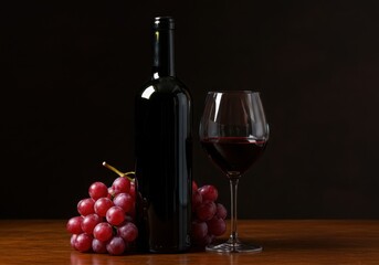 Fototapeta premium Elegant red wine bottle and glass with grapes on wooden table