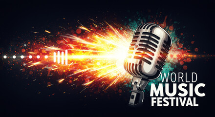 Vintage microphone with bright fiery sound waves and World Music Festival text for International Music Day celebration.